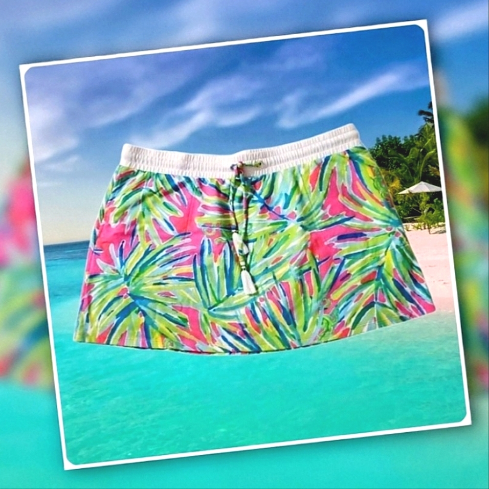 Lilly Pulitzer Zia Tiki Pink Royal Lime Mini Skirt Pockets Pull On Sz. XL